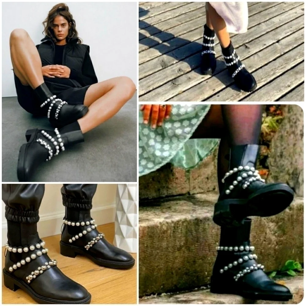 NWT Zara Black Leather Faux Pearl Accents Ankle Boots Size 38 - Picture 3 of 13